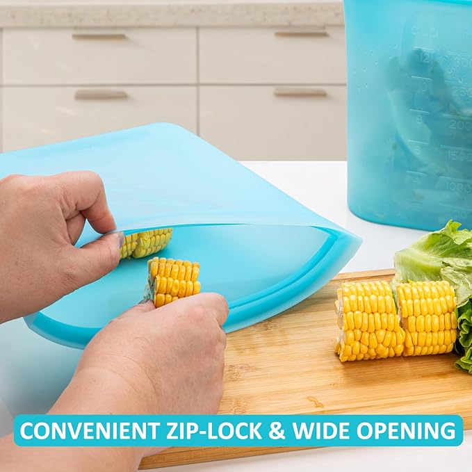 Reusable Food Storage Bags Extra Large, 0.8 Gallon/101 fl.oz/3000 ml, 4 Pack 100% Silicone Food Storage Bags Stand-Up Wide-Mouth Zip-Lock for Large Items, Freezer Microwave Oven Dishwasher Safe, Blue