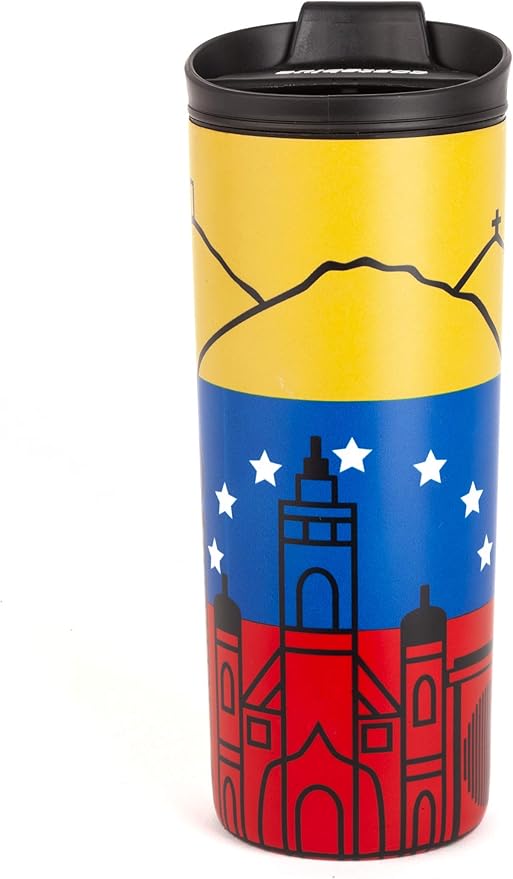 Venezuela Vacuum Insulated Stainless Steel Thermal Travel Mug, 16 oz, Easy Clean, Flip leak Proof Lid Venezuelan Flag with Icons from Caracas