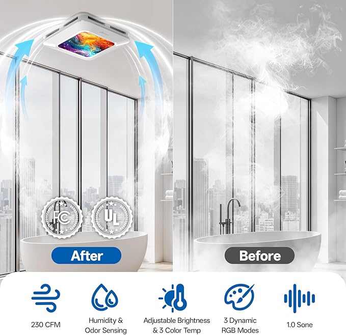 Bathroom Exhaust Fan with Light Humidity Sensor, Bathroom Fan with Humidity Sensor, 230 CFM 1.0 Sone Exhaust Fan, Venlitation Fan with 3CCT LED Light 7 LED Color, Remote Control Easy Install