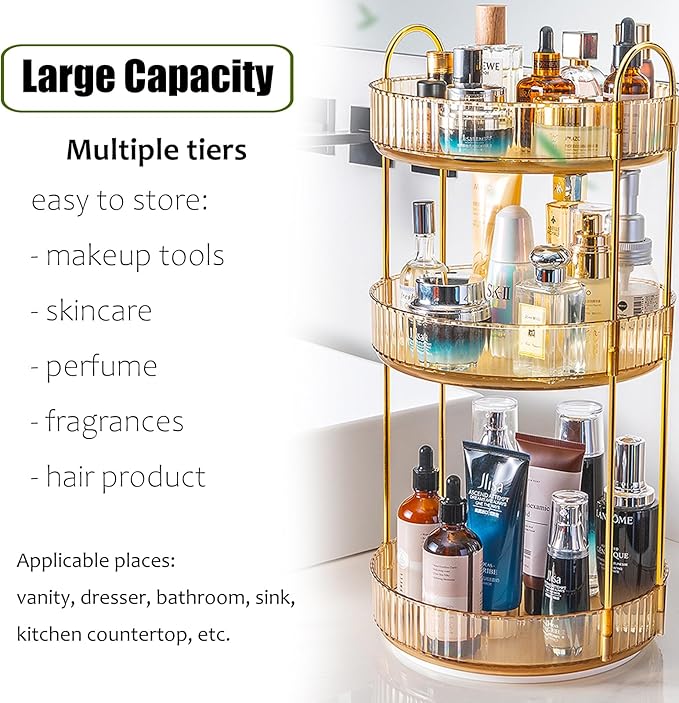 Rotating Makeup Organizer Countertop 3 Tier Lazy Susan Trays Clear Skincare Perfume Storage for Bathroom Counter Vanity, Amber Gold