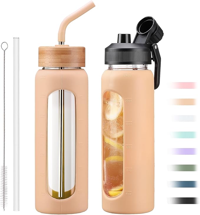 24oz Glass Water Bottle with Straw and 2 Lids-Bamboo and Spout Lid, Borosilicate Glass Water Bottle with Silicone Sleeve and Time Marker,BPA Free & Cupholder Friendly,Amber