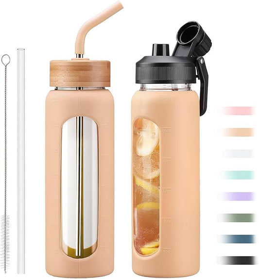 24oz Glass Water Bottle with Straw and 2 Lids-Bamboo and Spout Lid, Borosilicate Glass Water Bottle with Silicone Sleeve and Time Marker,BPA Free & Cupholder Friendly,Amber