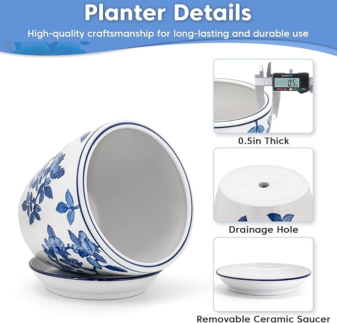 8 inch Ceramic Flower Pots, Chinoiserie Decor Ceramic Planter Plant Pots for Indoor Plants with Drainage and Saucer, Blue and White