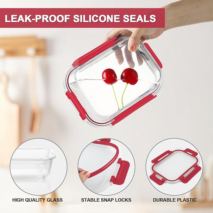 KAMOTA Glass Food Storage Containers, Red Glass Meal Prep Containers, Airtight Containers with Snap-Lock Lids, Set of 12, for Microwave/Oven/Freezer/Dishwasher