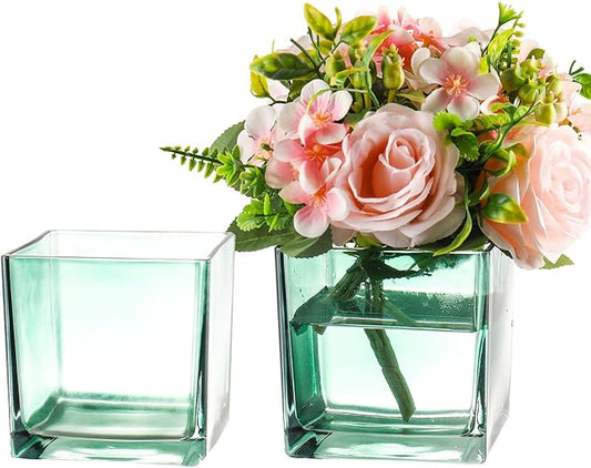 Square Green Glass Vases Set of 2, 6" x 6" x 6" Square Vase for Centerpieces, Flower Vases for CenterpieSquare Vaseces, Small Vase for Wedding, Party, Home Office Decoration