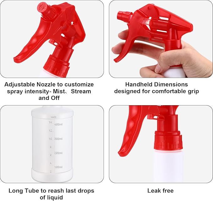 Eccliy 12 Pcs 16 Oz Plastic Spray Bottle, Adjustable Empty Reusable Sprayer for Cleaning, Planting, Water, Bathroom and Kitchen, BBQ, Commercial and Residential(Red,Measurement)