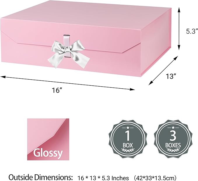 Extra Large Pink Gift Box with Ribbon 16x14x5.3 Inches Gift Boxes with Lid Magnetic Closure, Groomsman Proposal Box, Rectangle Collapsible Boxes for Large Gifts (Glossy Pink)