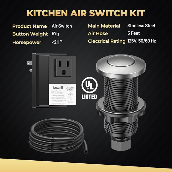 Garbage Disposal Air Switch Kit - Professional, UL Listed Wireless Sink Top Garbage Disposal Button, Stainless Steel/Black On/Off, Compatible with all garbage disposals.