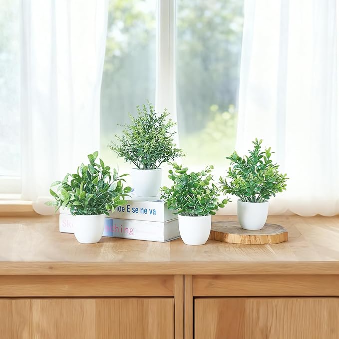 Mkono 4 Packs Fake Plants Mini Artificial Greenery Potted Plants Faux Eucalyptus for Christmas Home Decor Indoor Office Table Shelf Room Bathroom Farmhouse Decor