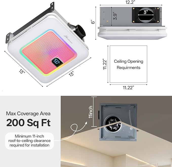 Smart Bathroom Exhaust Fan with Bluetooth Speaker, 230 CFM 1.0 Sone Exhaust Fan with Humidity & Odor Sensor, Remote/App/Voice Control, Adjustable LED Lighting & Dynamic RGB Mood Light (Pink)