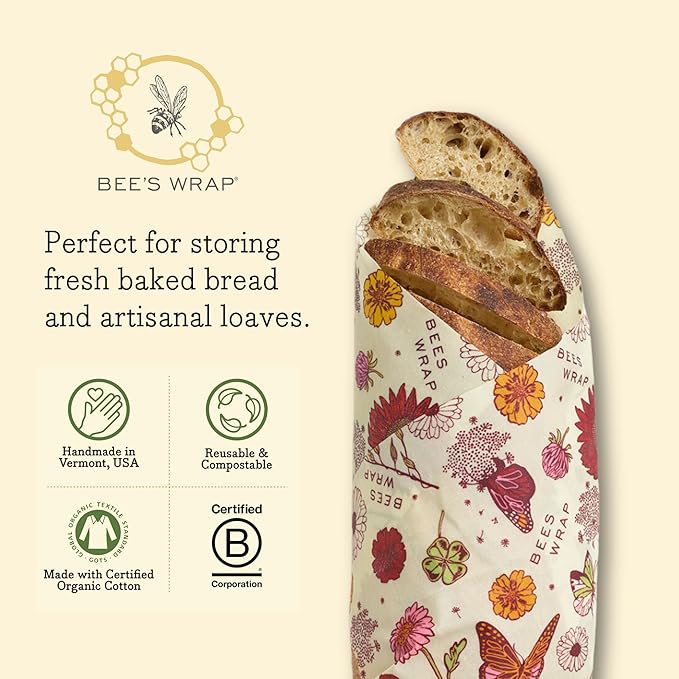 Bee's Wrap Vegan Beeswax Wraps for Food - Bread Wrap - Made in USA Reusable Bread Storage Bags - Organic & Eco-Friendly Alternative to Aluminum Foil, Sourdough Bags & Plastic Wrap, Vegan Meadow Magic