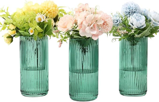 Green Glass Vases, Flower Vases Set of 3, Ribbed Glass Vase for Tulips, Tall Cylinder Glass Vases for Living Room, Bedroom, Dining Table, Office, Wedding, Bookshelf Decoration, 8 Inches