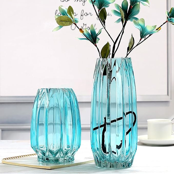 Modern Ribbed Blue Glass Vase for Flowers, Candles, and Decorative Accents - Tall/Short for Centerpieces and Table Decor (H8.0inch)