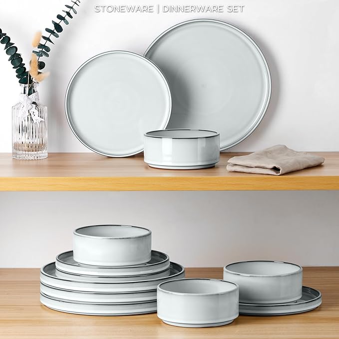 Onader Dinnerware Dishes Sets for 8, Stoneware Plates and Bowls with Unglazed Terracotta Bottom, Ceramic Kitchen Dinner Dish Set, 24 Piece - Glacier White