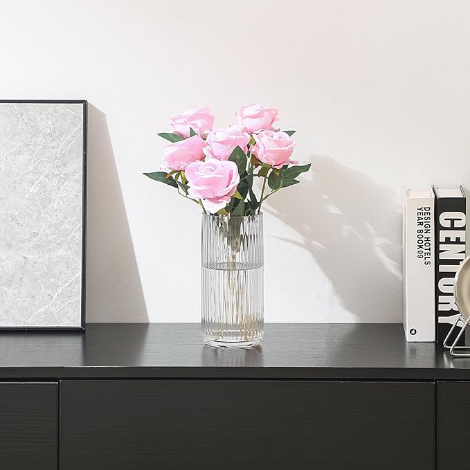 Ribbed Glass Vase,Flower Vase for Bouquet, Clear Glass Vases for Flowers, Modern Vases for Living Room, Bathroom, Dining Table, Office, Wedding, Centerpieces, 8 Inches