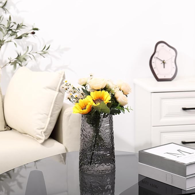 Black Glass Vase, Flower Vases for Bouquet, Modern Glass Vase for Flowers, Large Vases for Living Room, Bedroom, Kitchen, Office, Wedding, Dining Table, 8 Inches