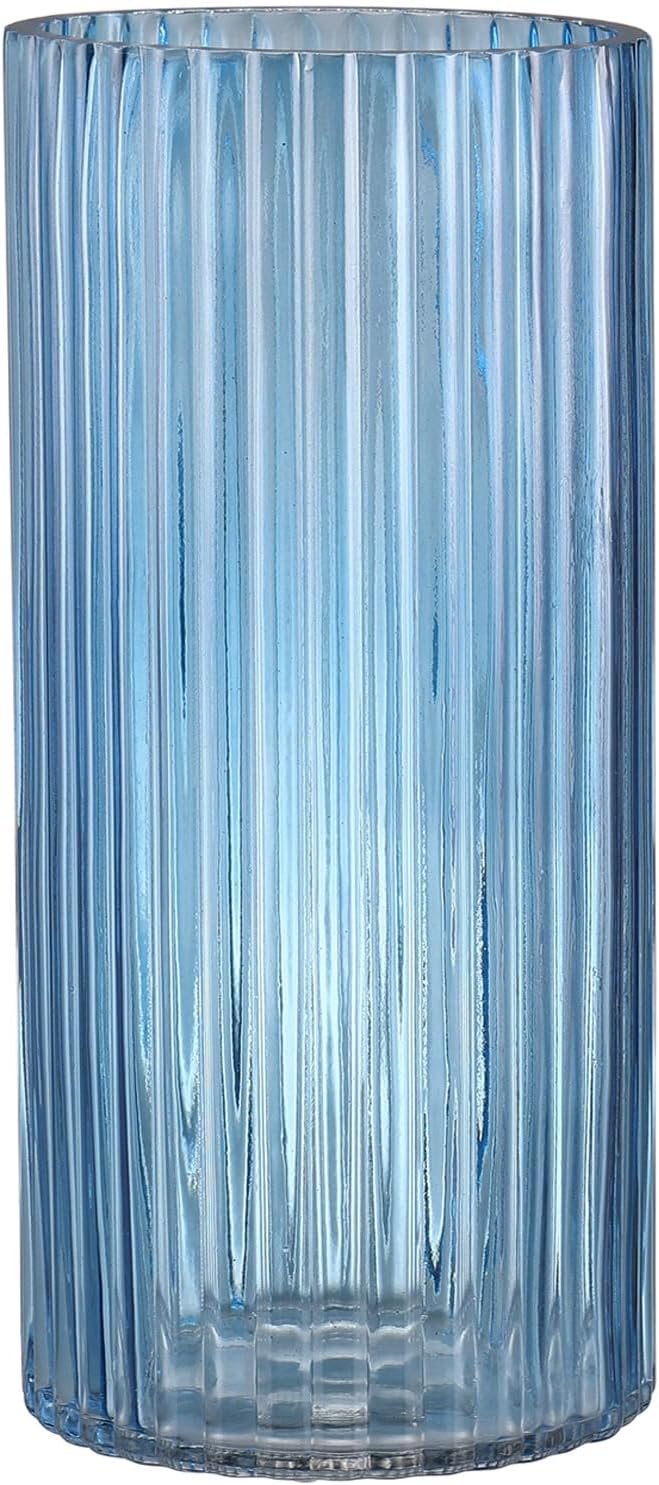 Blue Glass Vase, Glass Flower Vase, Ribbed Glass Vases, Blue Vase, Tall Cylinder Vases for Centerpieces, Living Room, Bedroom, Dining Table, Office, Wedding, Bookshelf Decoration, 10 Inches
