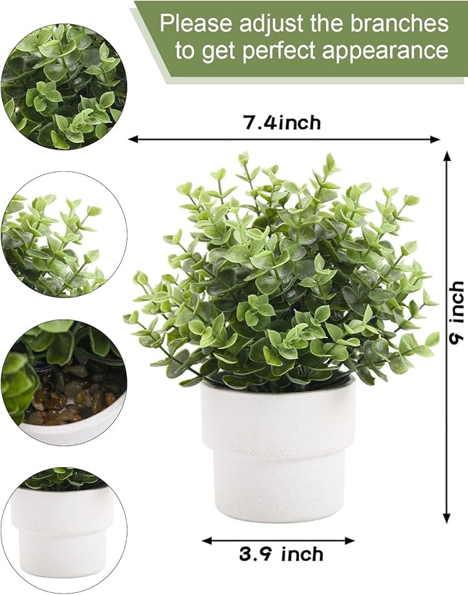 Small Fake Plants 7.45” Eucalyptus Potted Artificial Eucalyptus Plant for Home Bathroom Office Farmhouse Restroom Shelf Desk Mantel Coffee Table Decor (Green)