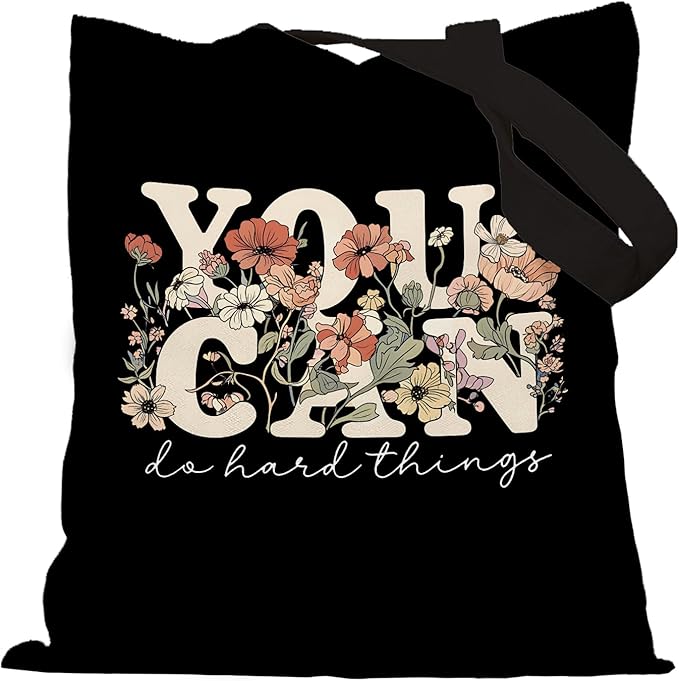Dark Floral Inspirational Tote Bag, Motivational Gifts for Women Canvas Tote Bags, You Can Do Hard Things Positive Affirmation Reusable Grocery Shopping Bags