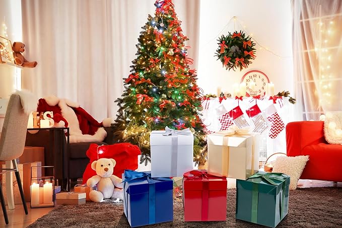 Jaywayang 5 Pack Assorted Color Gift Boxes with Lids, Ribbons and Tissue Papers Square Gift Boxes - 7.1 Inch - Christmas Presents Wrapping Birthday Decoration Party Favor Boxes.