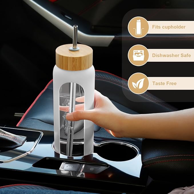 25 oz Glass Water Bottles - Motivational Tumbler Water Bottle Time Marker - Borosilicate Glass Water Bottle With Silicone Sleeve and 2 Lids, Handle Spout & Bamboo Straw Lid (White)