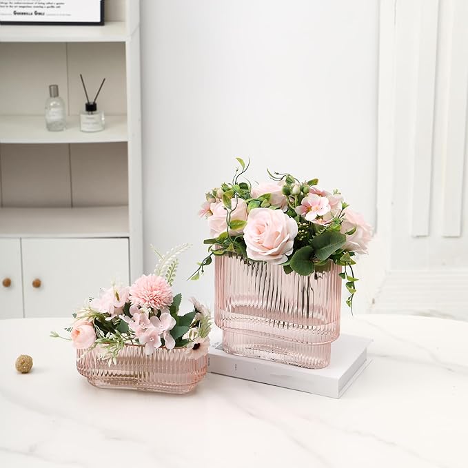 Short Glass Vases, Set of 2 Pink Glass Vases for Tulips, Ribbed Vase for Flowers, Modern Small Vase for Living Room, Dining Room, Bathroom, Desk, Shelf, Wedding, Office