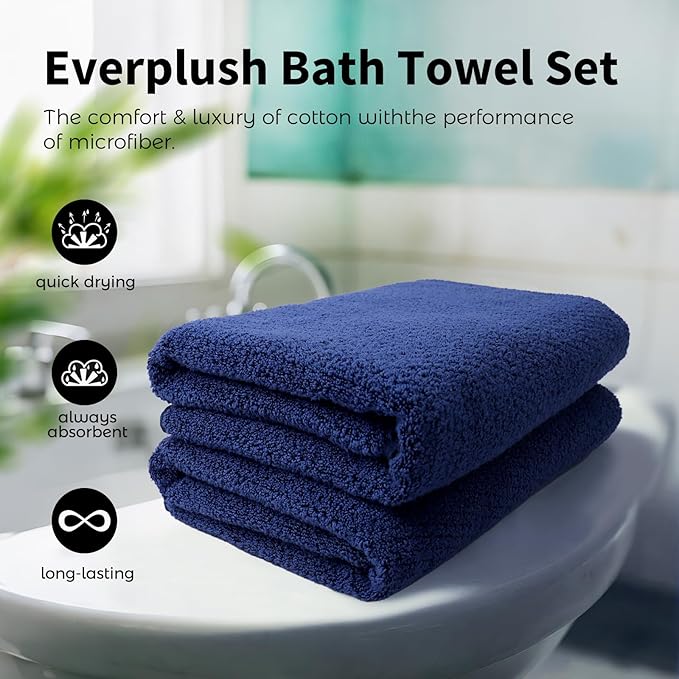 Everplush Diamond Collection Extra Large Bath Towel Sheet – 2 PK, Super Soft & Highly Absorbent, Quick-Drying, Oversized & Thick. Perfect for Bathroom, Pool, Swimming Use (Navy, 35" x 66" 2PK)
