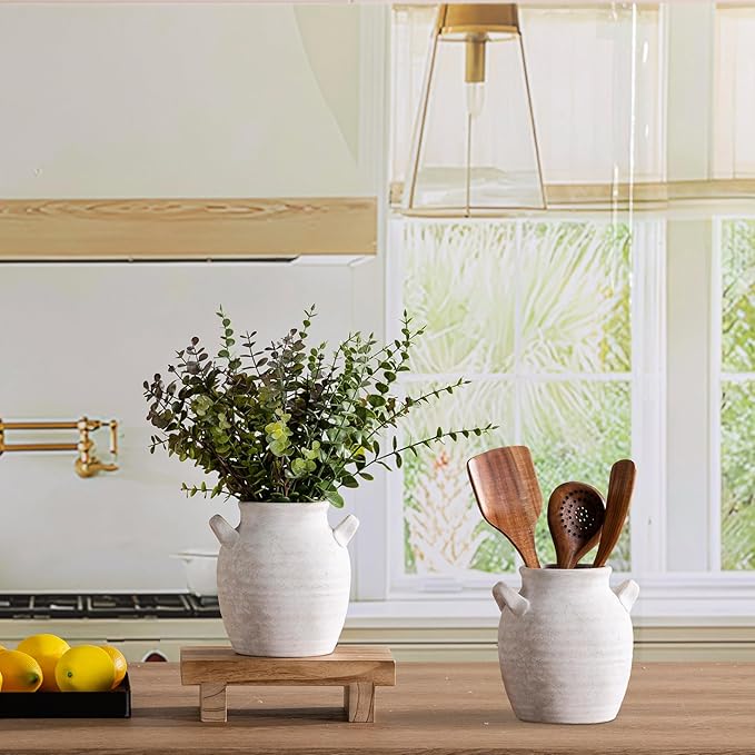 Ceramic Flower Vase Home Decor - Farmhouse Table Vases with Handle Living Room Decoration Vintage Decorative Aesthetic for Shelf Coffee Dining Desk House Bookshelf Fireplace (7.1" Rustic)