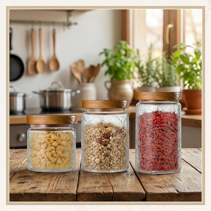 6 Pcs Vintage Glass Jar with Wooden Lid 17/24/34 oz Glass Airtight Food Storage Container with Lid Jar Begonia Sunflower Pattern for Kitchen Sugar Coffee Tea Beans Candy Cookie