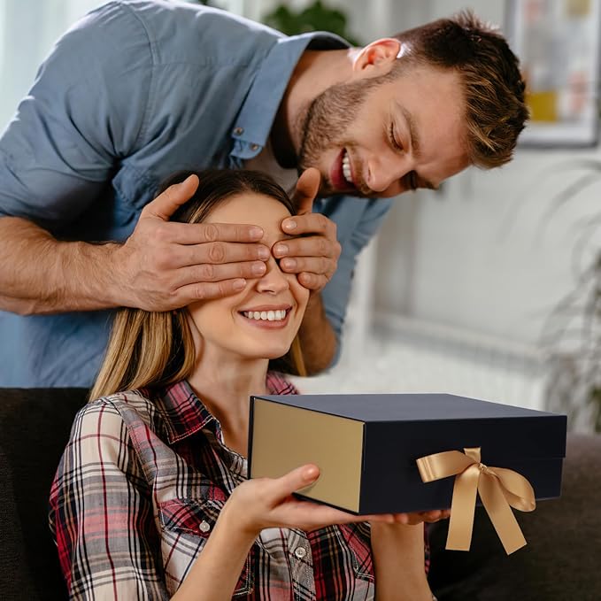 4 Pack 12x9x4 Inches Gift Boxes with Magnetic Closure Lids, Black-Gold Magnetic Box with Ribbon for Wedding, Groomsmen Bridesmaid Proposal, Birthdays, Mother's Day