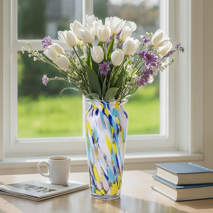 Blown Glass Colorful vase, Colorful Home Decorations, Modern Art Wide Mouth vase for Living Room Dining Coffee Table entryway TV Cabinet Bedside Table Centerpiece.