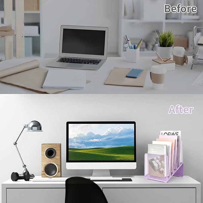 File Organizer for Desk, Desk Organizer with 5-Section Vertical File Rack, File Folder Organizer (Purple)