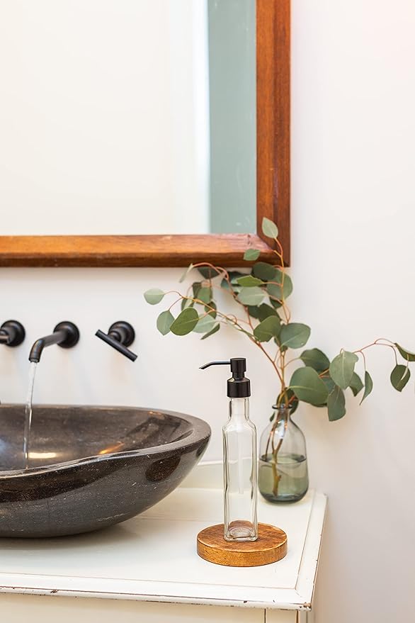 Rail19 French Vessel Glass Soap Dispenser with Metal Pump - Refillable Hand Soap, Lotion & Sanitizer for Sinks and Small Countertops, 8.5oz (Cali Black)