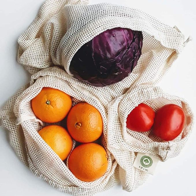 Reusable Mesh Produce Bags made from 100% Organic Cotton - 12"x10", Perfect Reusable Net Vegetable Bags - Washable Fruit, Vegetable & Produce Sacks (3 Medium)