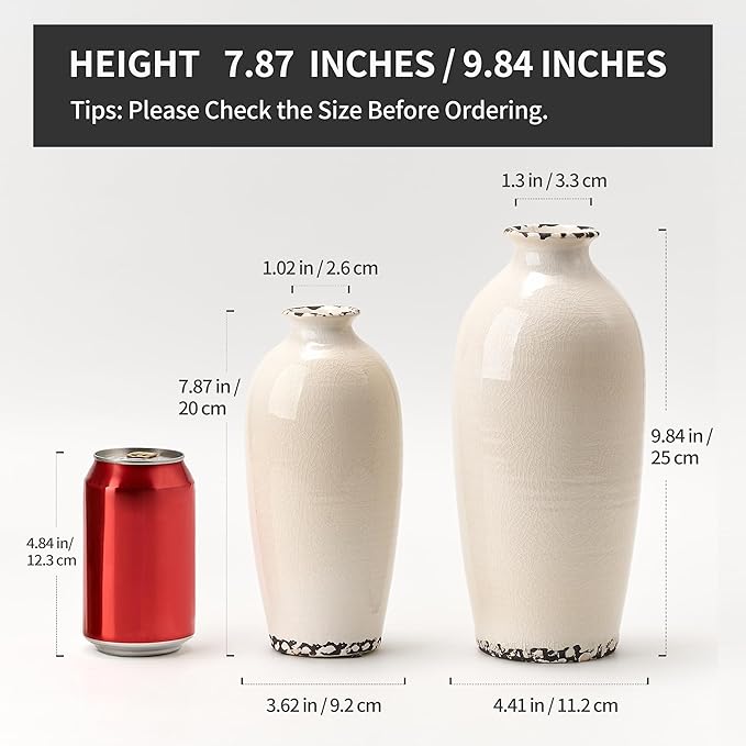 Ceramic Vases for Home Decor, Ice Crackle Aged White Vintage Ceramic Vase Set of 2, Minimalist Decorative Vase for Table Centerpiece Dining Living Room Office Nightstand Fireplace Decoration