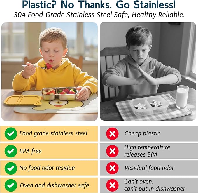 3 Pack Stainless Steel Snack Containers with Silicone Lids, Meal Prep Containers, Reusable 2 Compartment Food Storage Containers, Stainless Steel Box for Lunch, Office, Travel