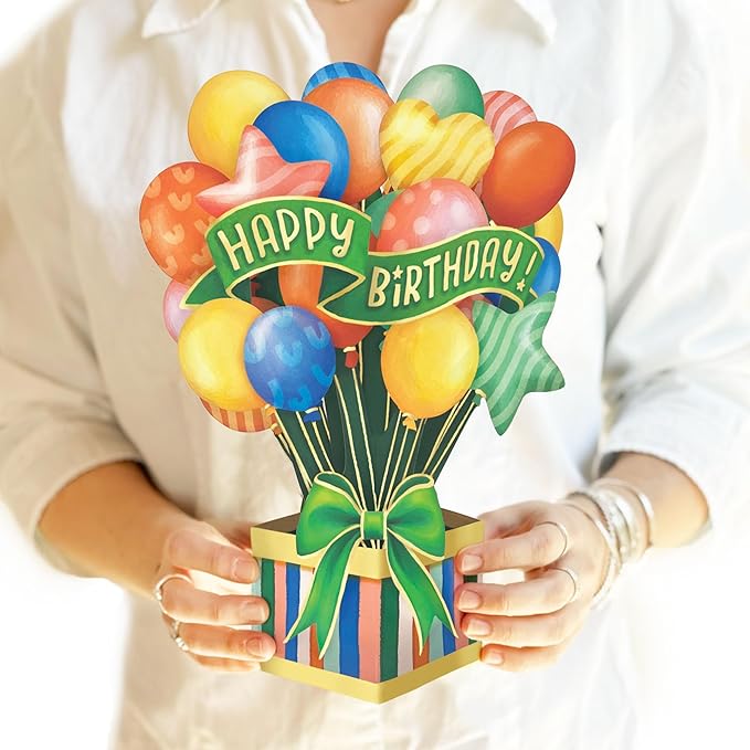 Freshcut Paper Pop Up Cards, Colorful Birthday Balloons, 12 Inch 3D Popup Greeting Card, Cards for Birthdays, Happy Birthday Card, Blank Notecard & Envelope