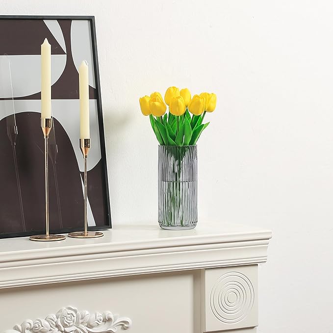 Ribbed Black Glass Vase - 8 Inch Modern Ribbed Vase for Flowers, Living Room, Bathroom, Dining Table, Office, Wedding, Centerpieces