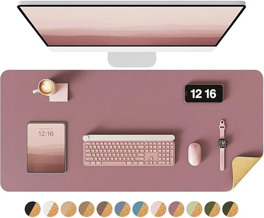 YSAGi Double-Sided Desk Mat, Eco Cork & Leather Desk Protector, Large Mouse Pad & Writing Pad for Office & Home (35.4"x17", Cork + Dark Pink)