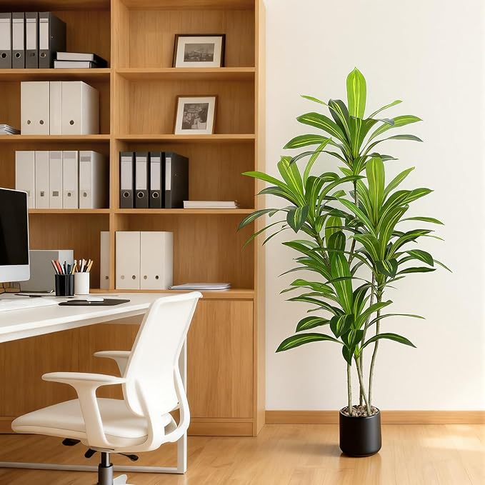 5FT Artificial Dracaena Tree, Faux Dracaena Plant with Stones in Black Round Planter, Tall Fake Floor Plant for Indoor Home Office Living Room Decor