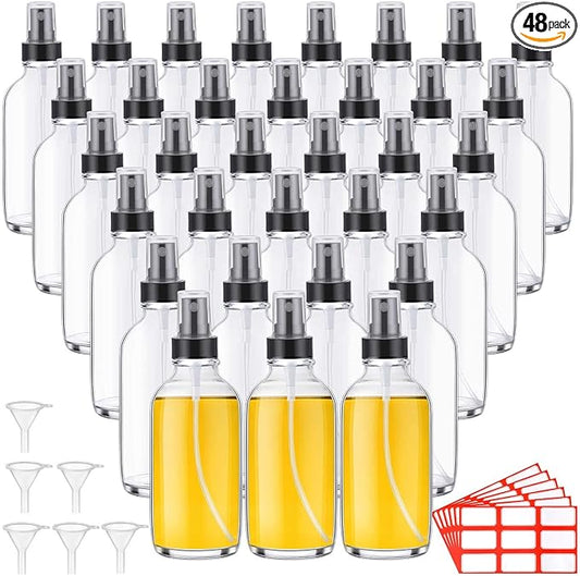 Fumete 36 Pcs Glass Spray Bottles 4oz Fine Mist Glass Spray Bottle Refillable Liquid Containers with 6 Labels 6 Funnel for Hair Travel Plants Cleaning Solutions Skin Care(Clear,Classic)