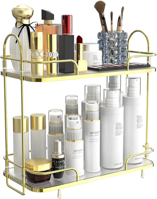 FOLLOWIN 2 Tier Countertop Organizer,Countertop Storage Perfume Tray,Vanity Counter Shelf,Bathroom Organizers and Storage Vanity,2-Tier Coffee Tray,Shine Gold