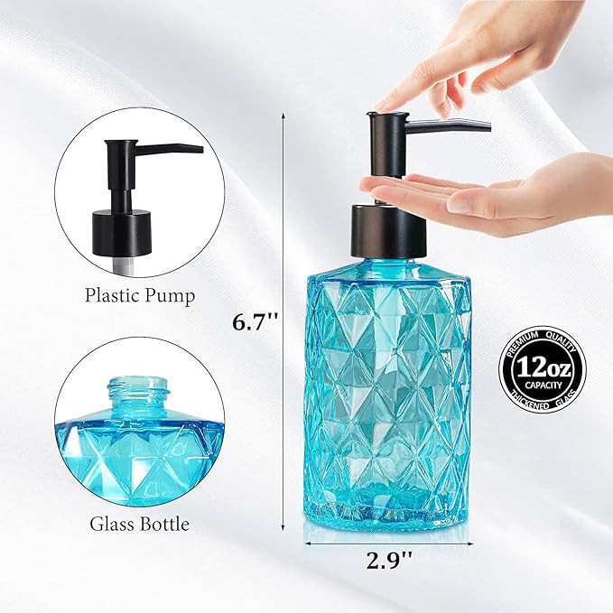 Clear Ocean Blue Glass Soap Dispenser with Plastic Pump, 2 Pack 12oz Diamond Design Bathroom Soap Dispenser for Hand Wash, Lotion Dispenser & Dish Soap Dispenser for Kitchen and Bathroom