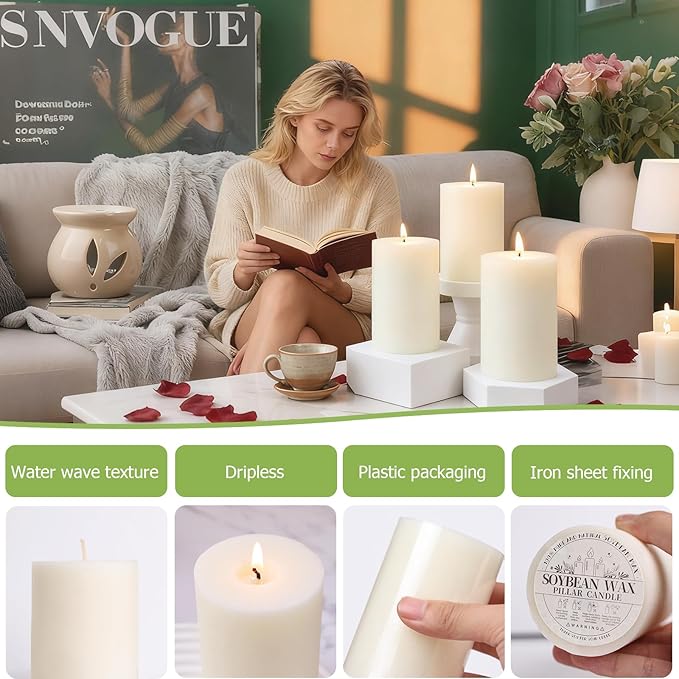 4 Pack Soy White Pillar Candles,Natural Soybean Pillar Candles,55 H Long Lasting Burning-Unscented,Dripless and Smokeless Rustic White Hand-Poured Candles Dinner Table,for Wedding,Home Decor 2.8x4in