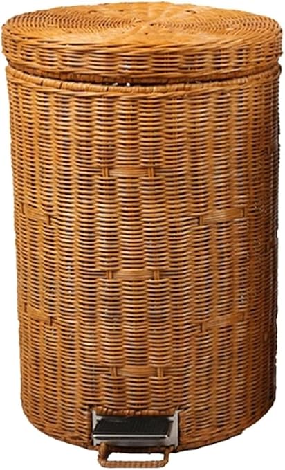 Rattan Round Foot Pedal Trash Can with Lid,Kitchen Wicker Garbage Can Bedroom Retro Office Silent Handwoven Wastebasket (Brown,12L)