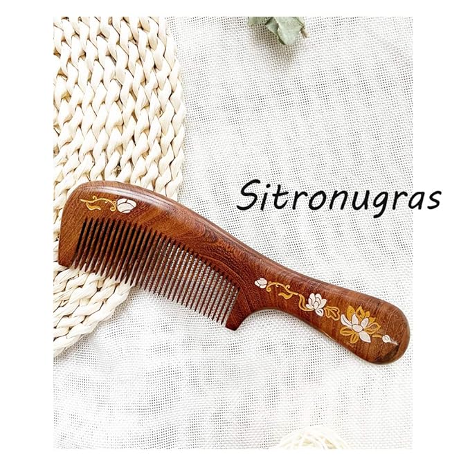 Handmade Wooden Comb, Fine Teeth Sandalwood Comb for Wavy hair, No Static Combs for Men Women ,Wooden Hair Comb with Handle
