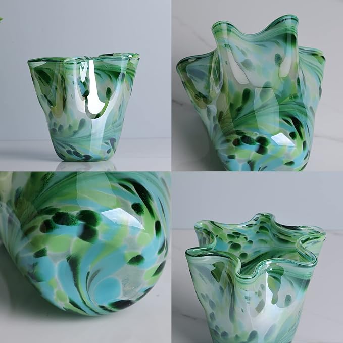 Hand Blown Glass vase Decorative, Teal Wide Mouth Petal vase, Modern Art Design Decorative vase for Home Decor Living Room, Console Centerpiece, Table and Wedding.huaban (E-3)