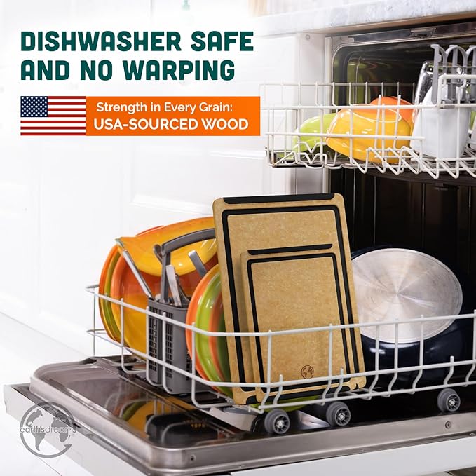 Earth’s Dreams Wood Cutting Board Set 3-Piece: Small, Large & Extra Large - Charcuterie Board, Non-Plastic, Non-Toxic, Heavy-Duty, Dishwasher Safe (Tan/Black)