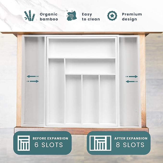 Sben Expandable Drawer Organizer for Utensils Holder, Adjustable Cutlery Tray, 6-8 Slots, Premium Wood Drawer Dividers Organizer for Silverware, Flatware, Knives for Kitchen (White)