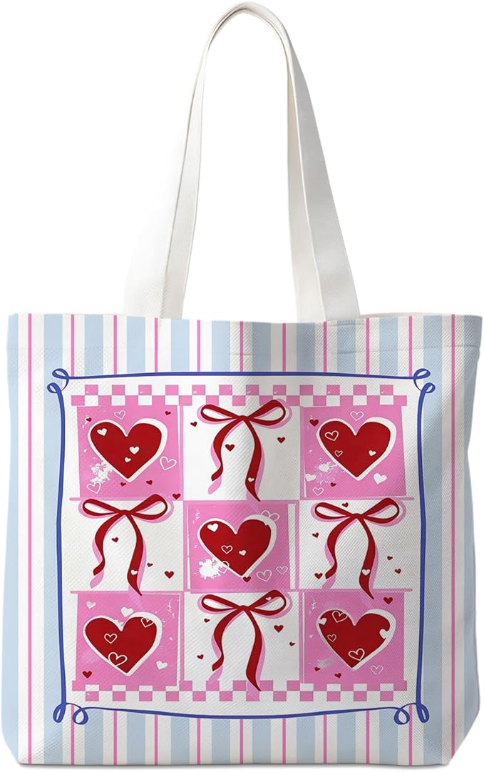 Animals-Flowers-Fruits-Bow Valentines Canvas Heart Tote Bag, Coquette Reusable Shopping Grocery Bags